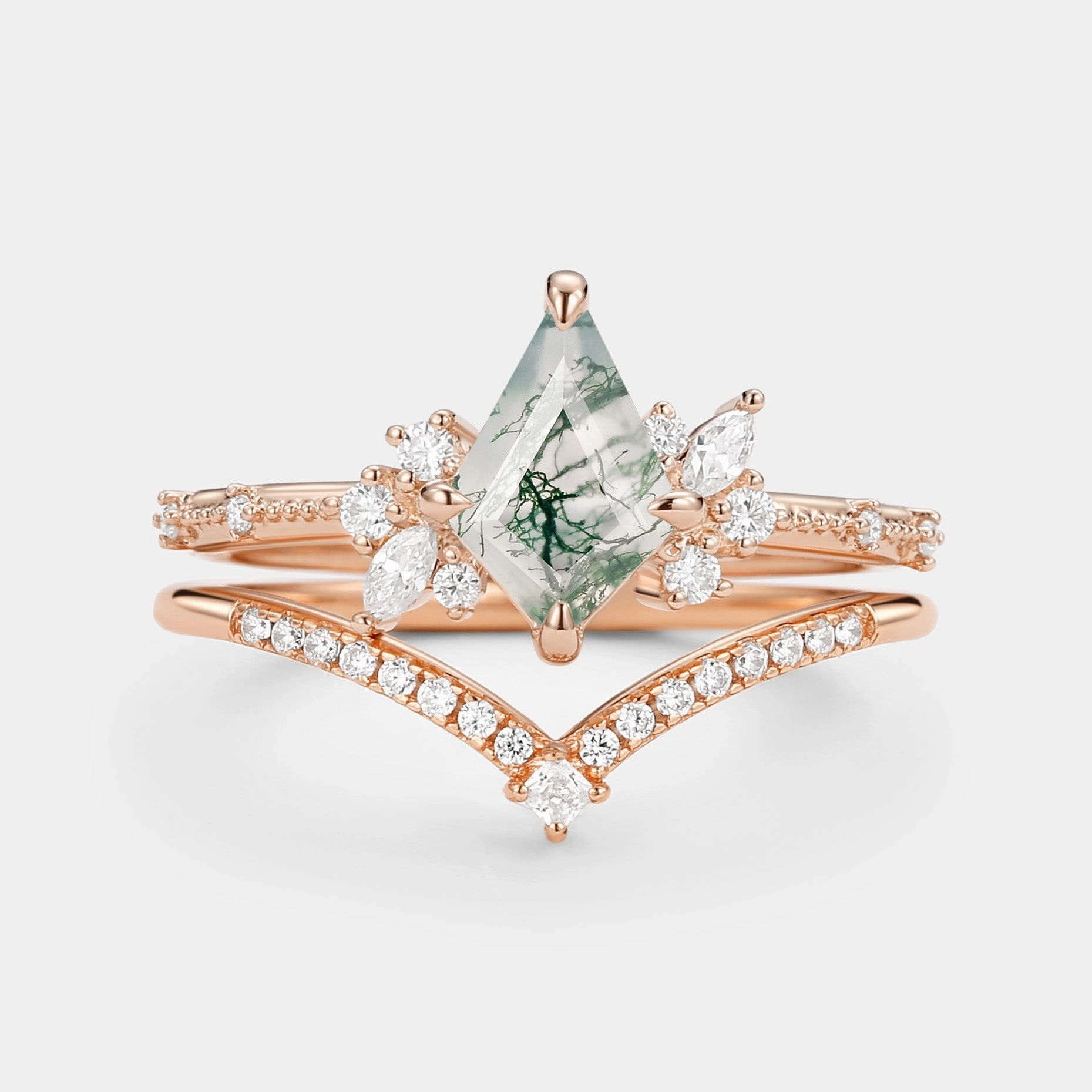 Classic Spark Kite Cut Unique Moss Agate & Moissanite Engagement Ring Set 2pcs