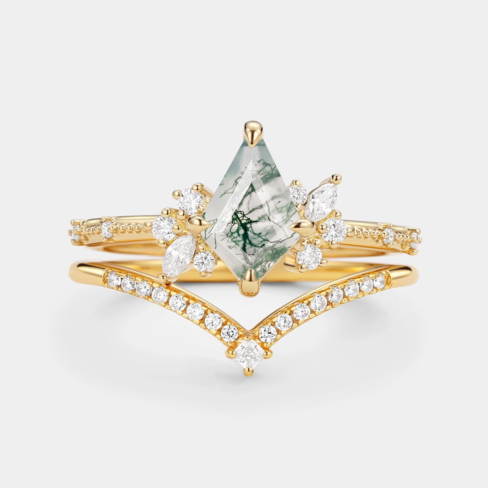 Kite Cut Unique Moss Agate & Moissanite Engagement Ring Set 2pcs Lustrous Craft Stylish Element