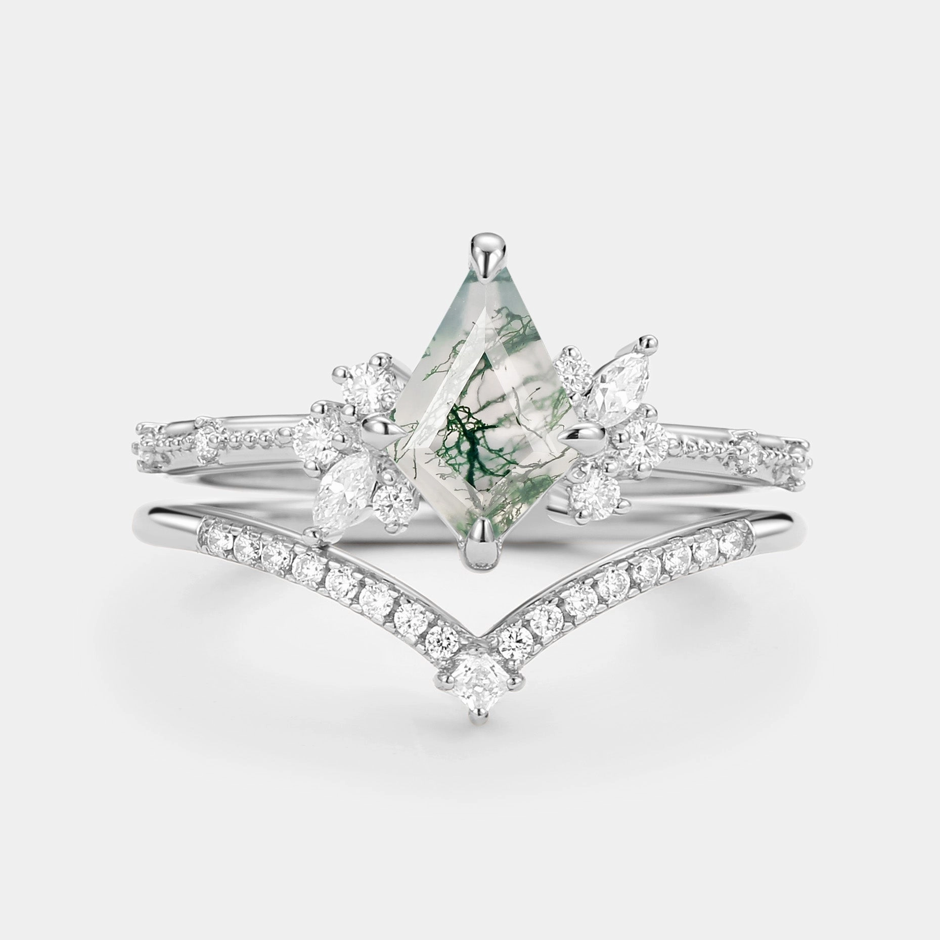 Instant Edge Fresh Highlight Kite Cut Unique Moss Agate & Moissanite Engagement Ring Set 2pcs