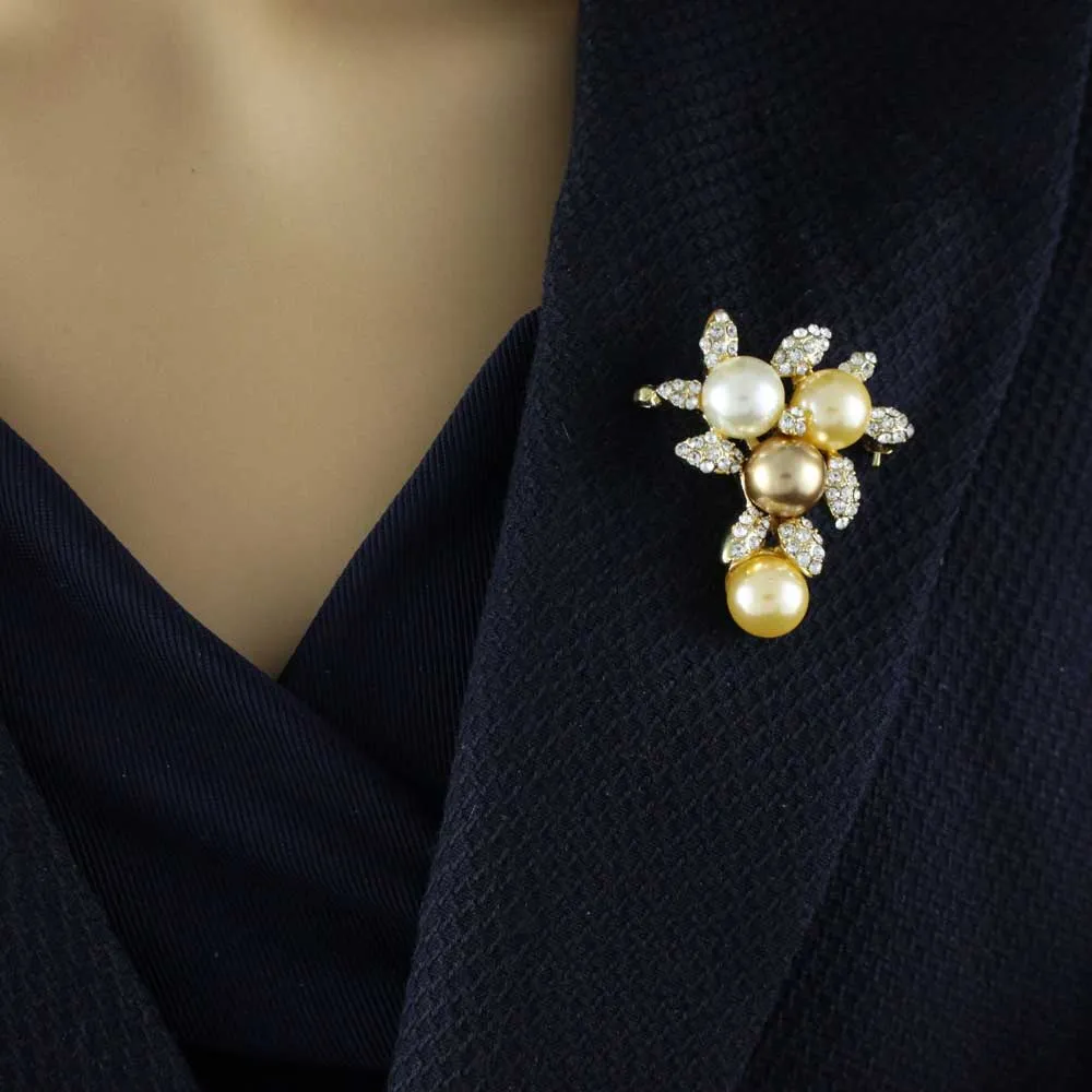 Cream Brown and Yellow Pearls with Crystal Leaves Brooch Pin - PRP402