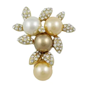 Cream Brown and Yellow Pearls with Crystal Leaves Brooch Pin - PRP402
