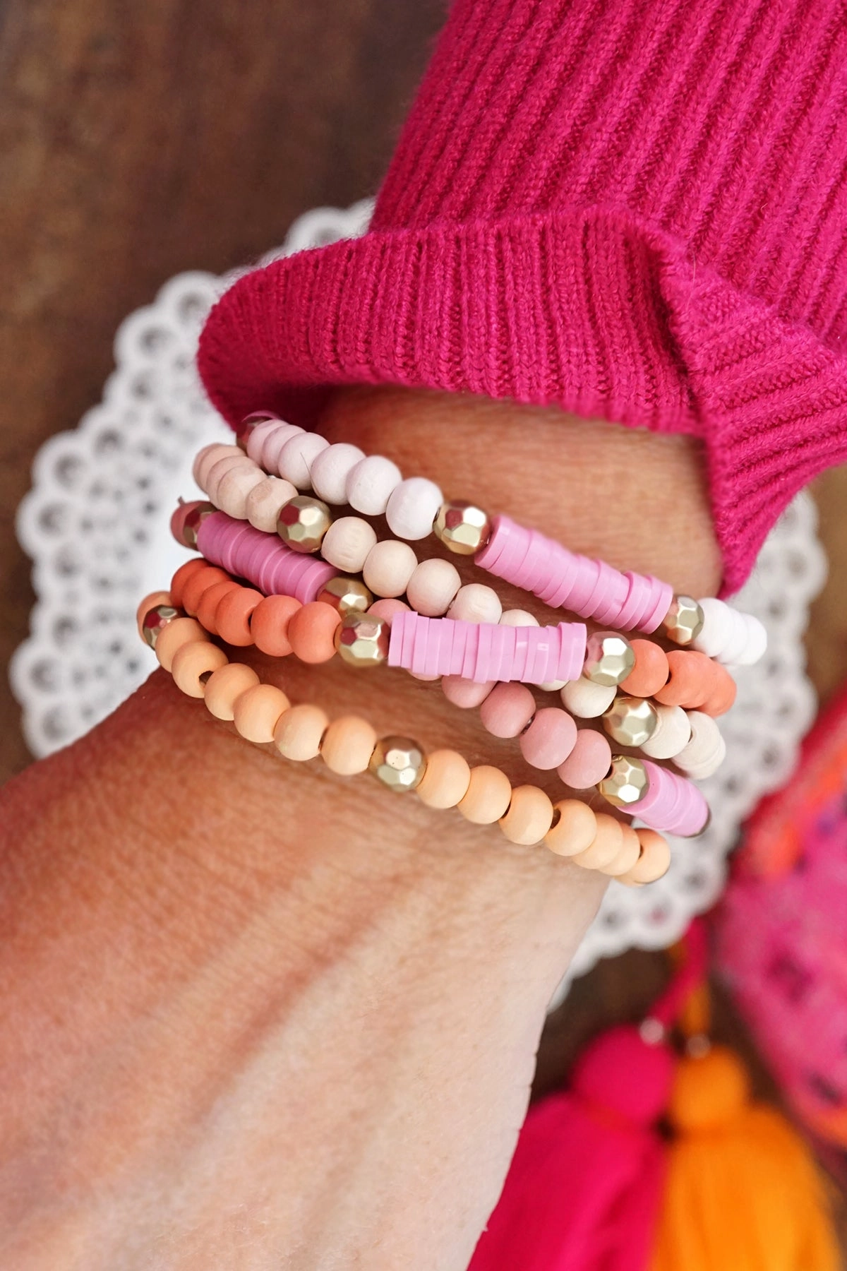 Happy Mixes Empowering Messages Pink stack of 5 clay and wood beads bracelets in pinks, white and peach