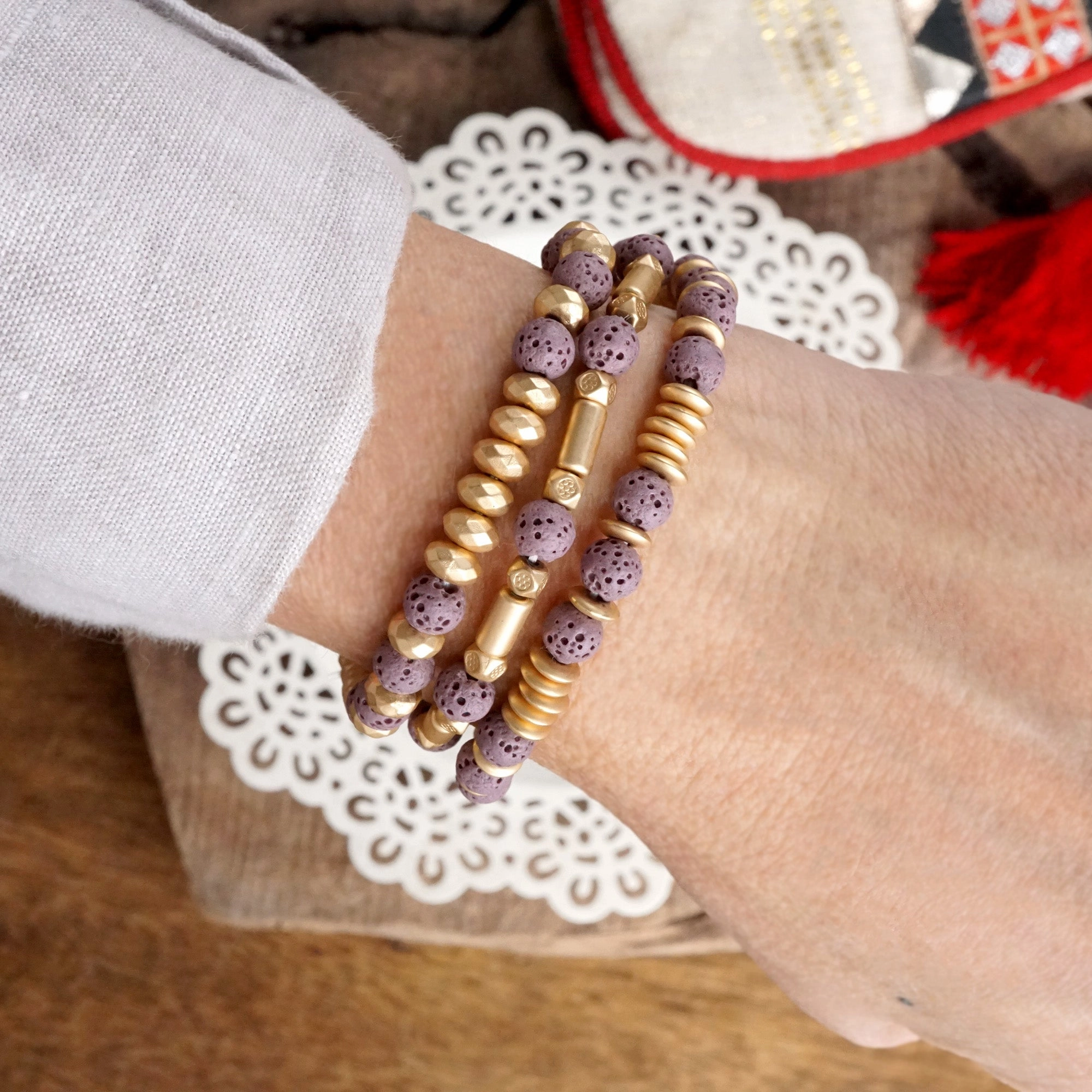 Limitless Composites Unexpected Twist Lava and Golden Matte Beads Bracelet Sets in Colorful Purple Olive Green Ivory