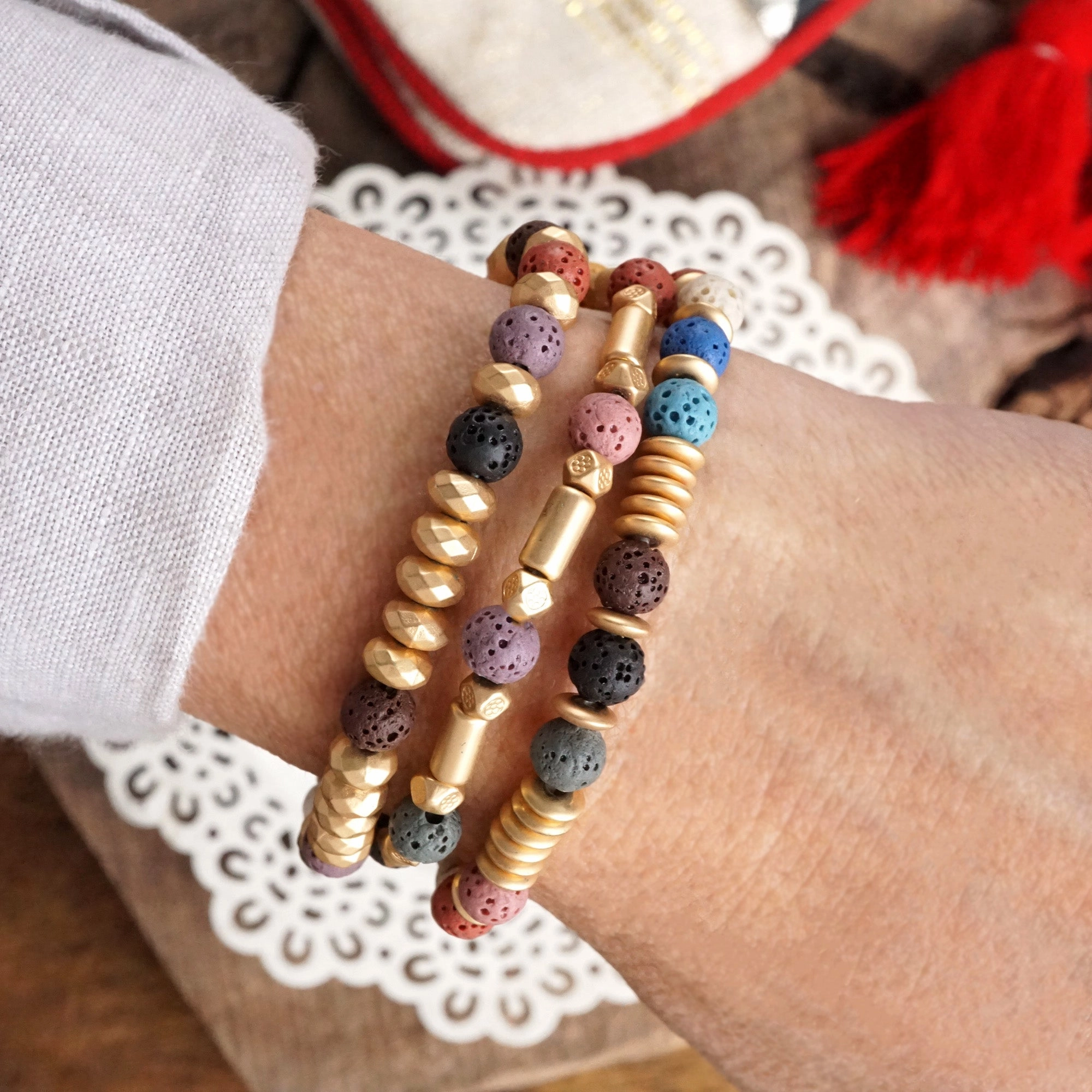 Consistent quality Lava and Golden Matte Beads Bracelet Sets in Colorful Purple Olive Green Ivory