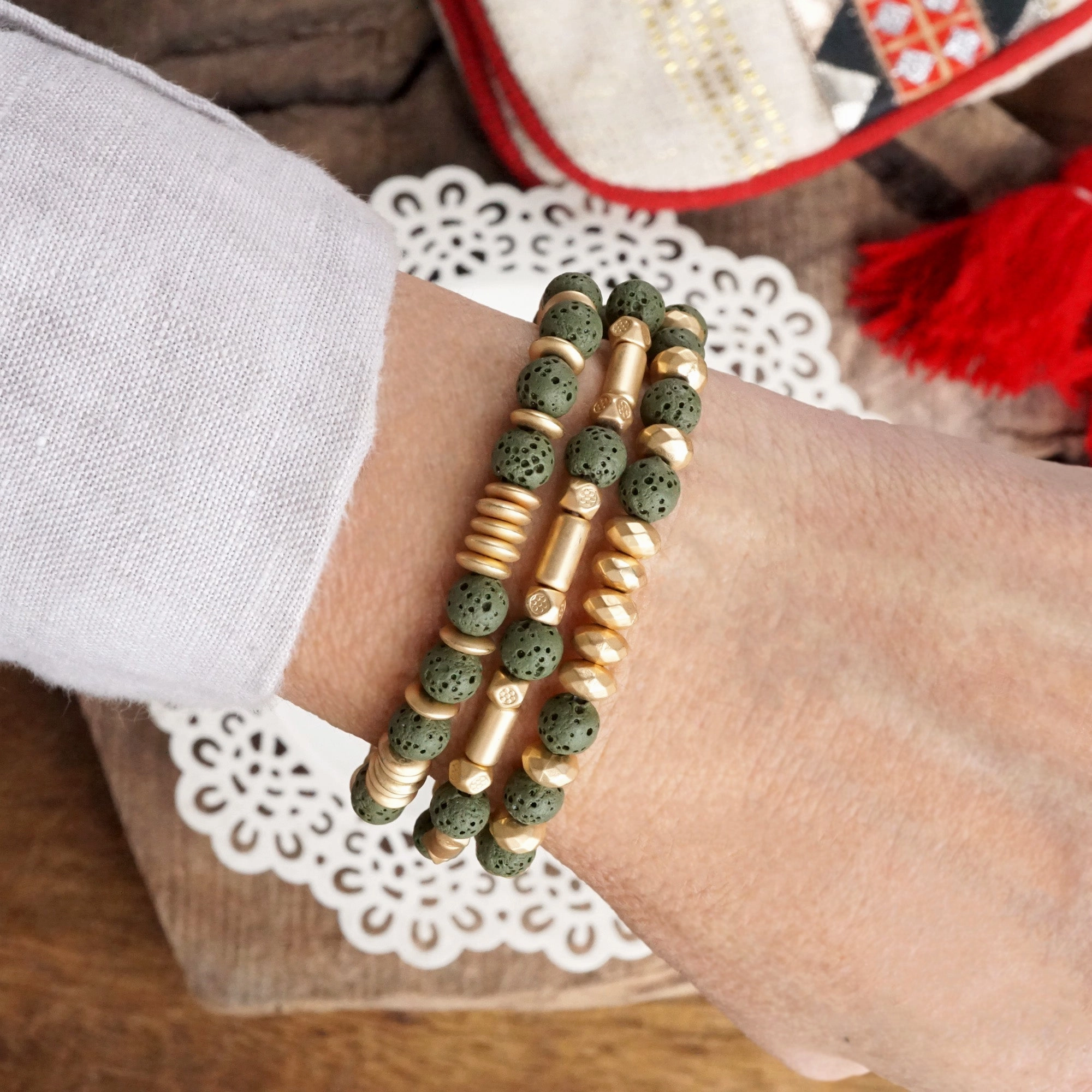 Peak Elegance Beachside Beauty Lava and Golden Matte Beads Bracelet Sets in Colorful Purple Olive Green Ivory