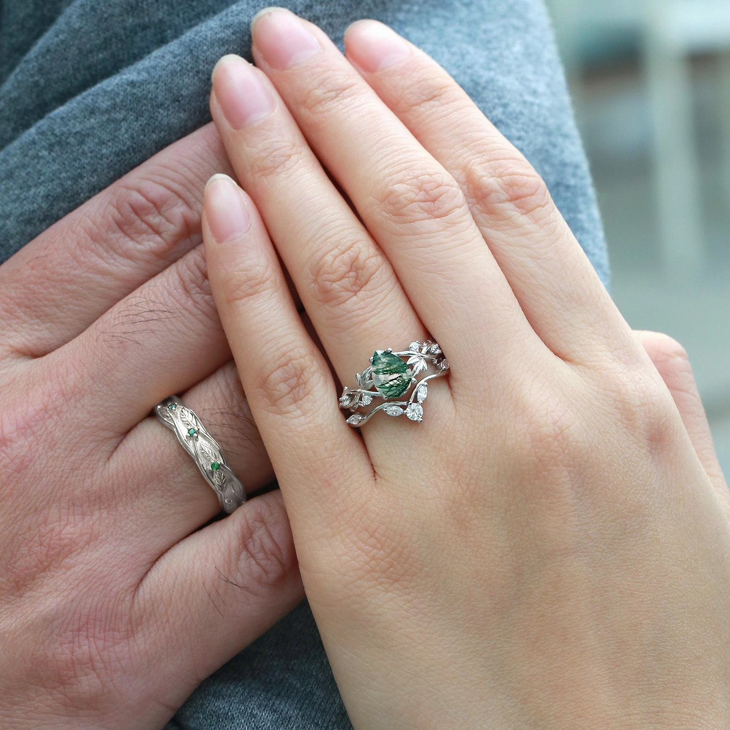 Soft Appeal Handcrafted Highlight Pear Shaped Moss Agate Three Leaves Couple Ring Set 3pcs