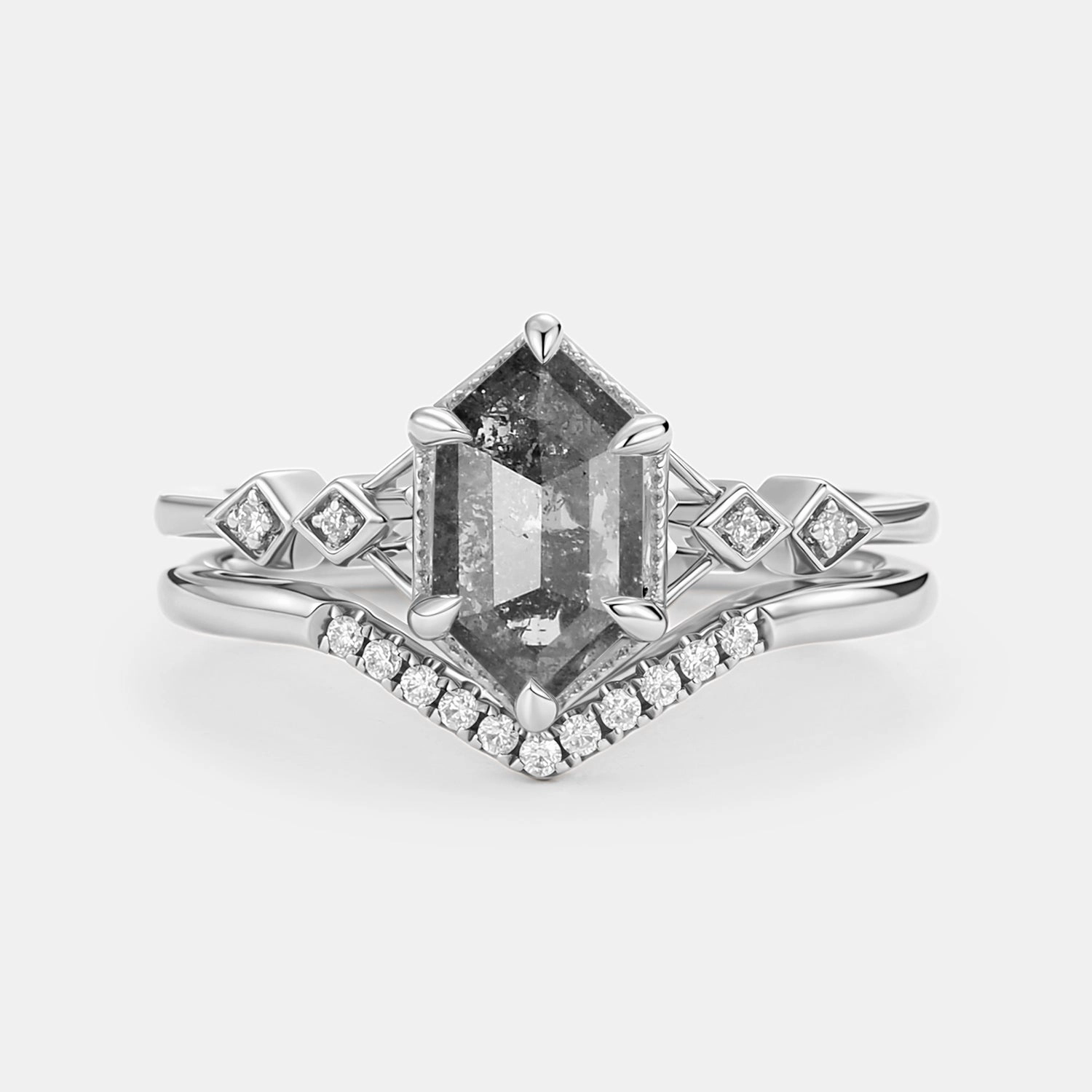 Subtle Edge Hexagon Salt and Pepper Diamonds Ring Set 2pcs - Druk