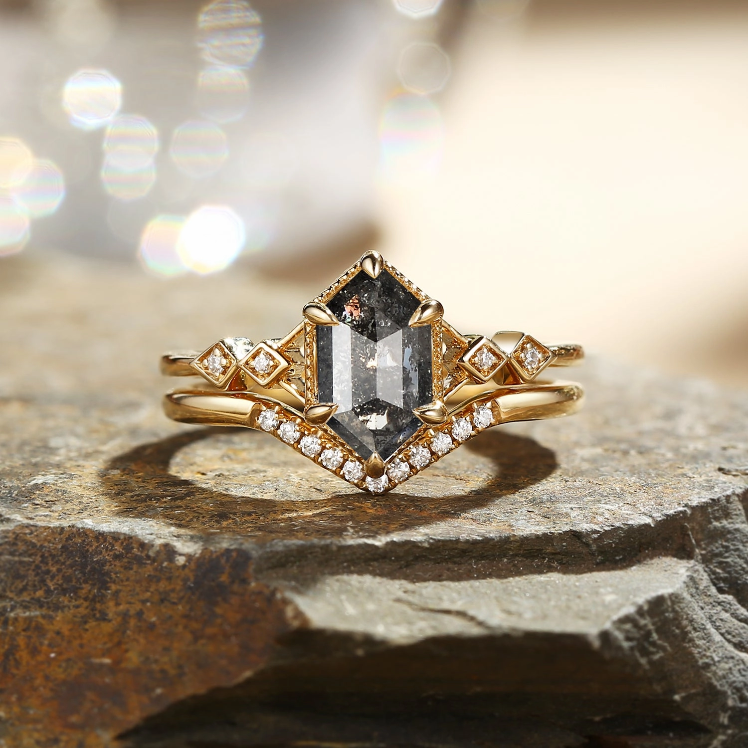 Hexagon Salt and Pepper Diamonds Ring Set 2pcs - Druk Custom Craft Artistic Form