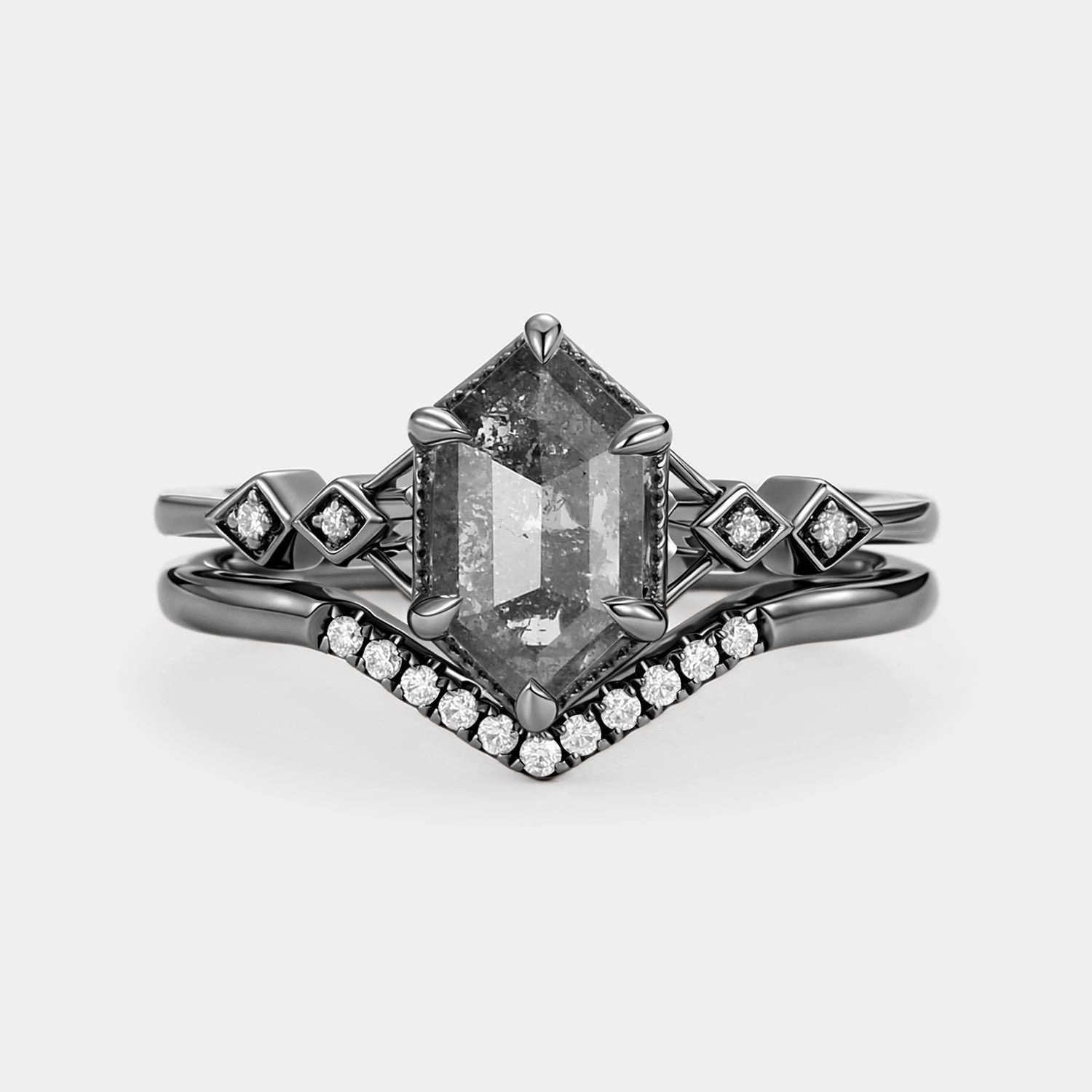 Quick Match Hexagon Salt and Pepper Diamonds Ring Set 2pcs - Druk