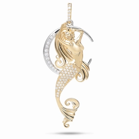 Moon Mermaid Pendant in Two Tone Gold with Diamonds - 42mm Artisan Craft Trendy Layer
