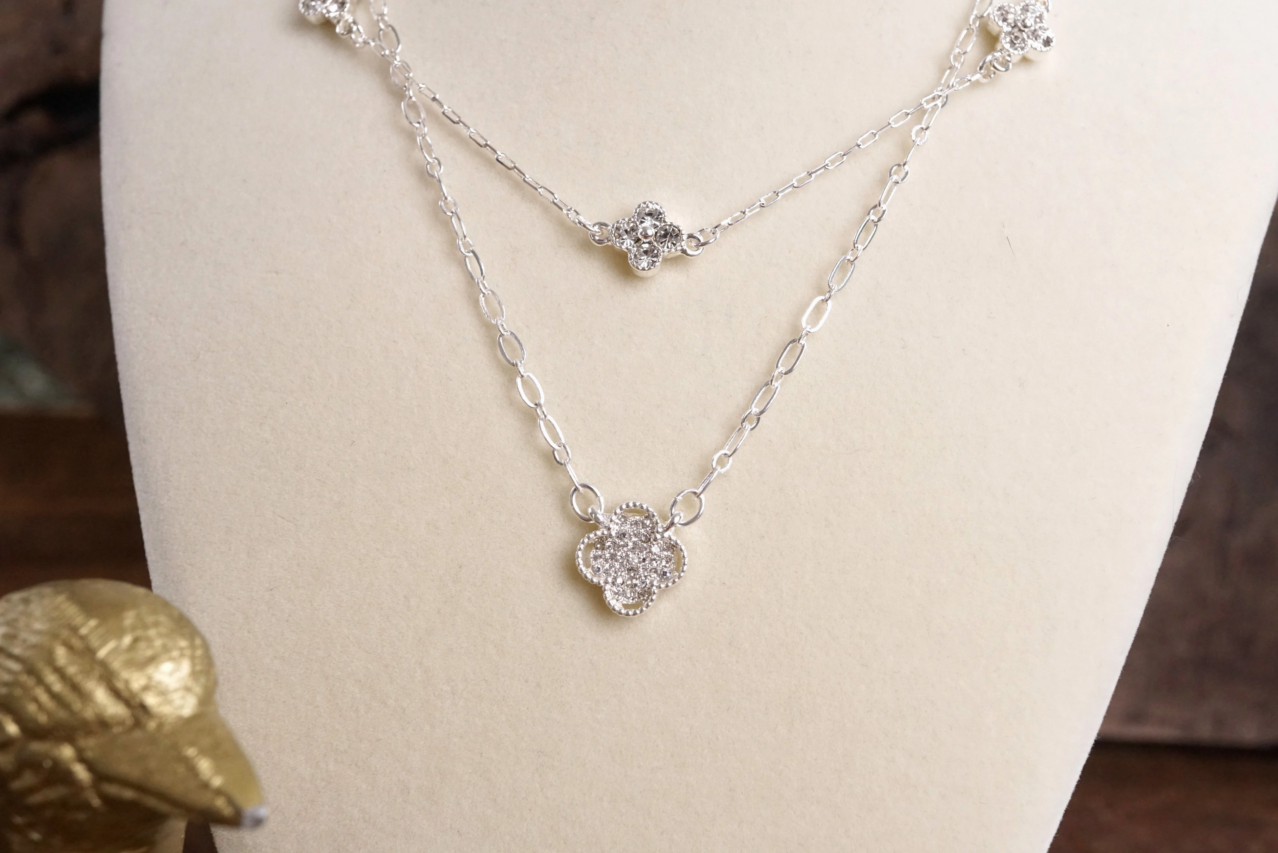 Winter Feature Fashionable Adornment Lucky Light ?C Double Layer Clover Charm Necklace with Crystals