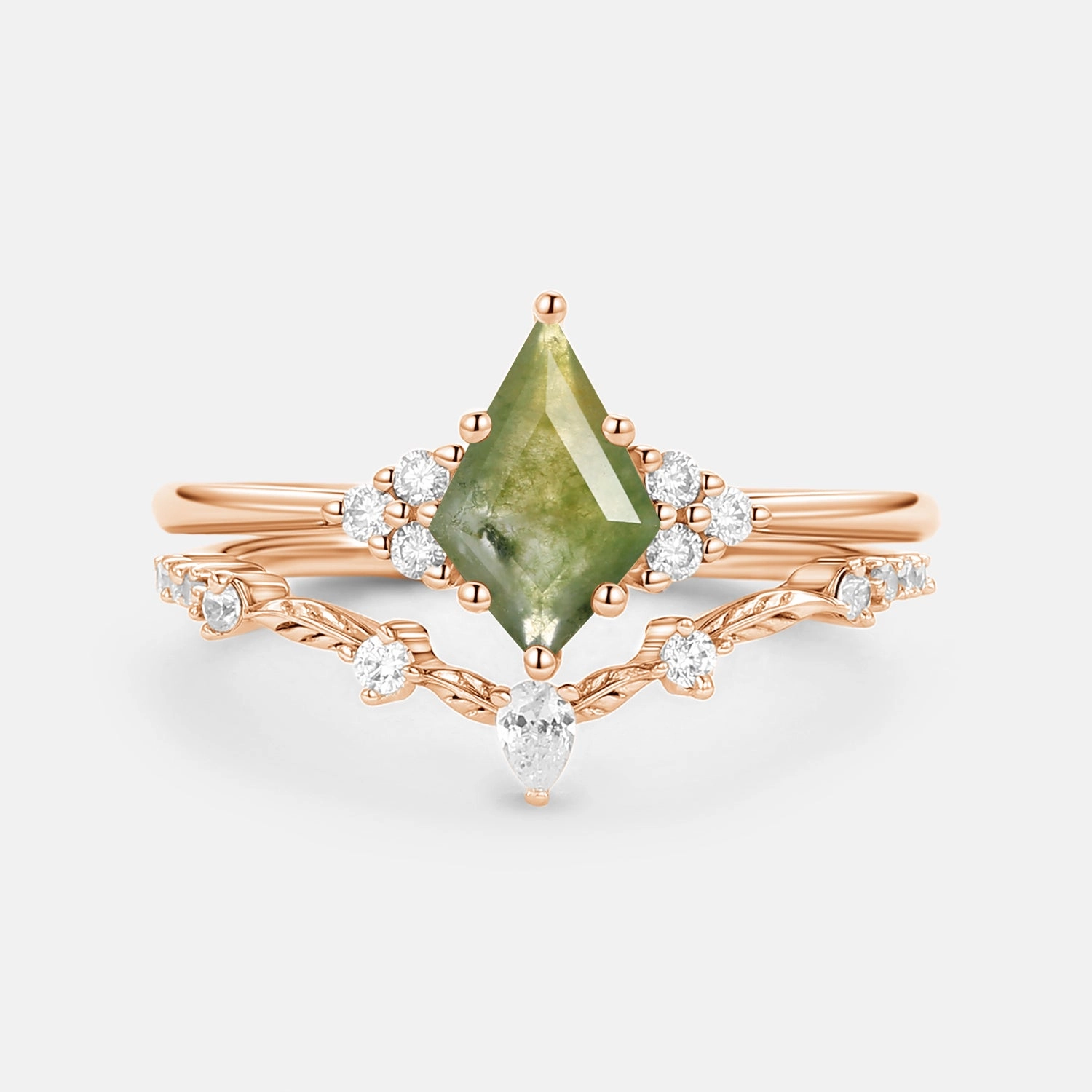 Kite Cut Moss Agate Leafy Engagement Ring Set 2pcs - Ava Luminous Sparkle Casual Accent