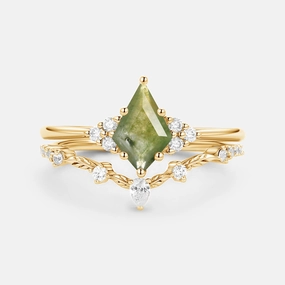 Kite Cut Moss Agate Leafy Engagement Ring Set 2pcs - Ava Elegant Touch