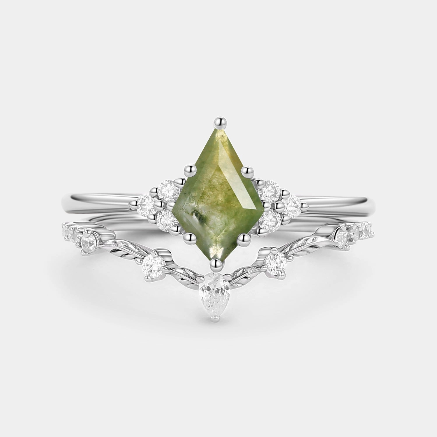 Minimal Piece Sparkling Edge Kite Cut Moss Agate Leafy Engagement Ring Set 2pcs - Ava