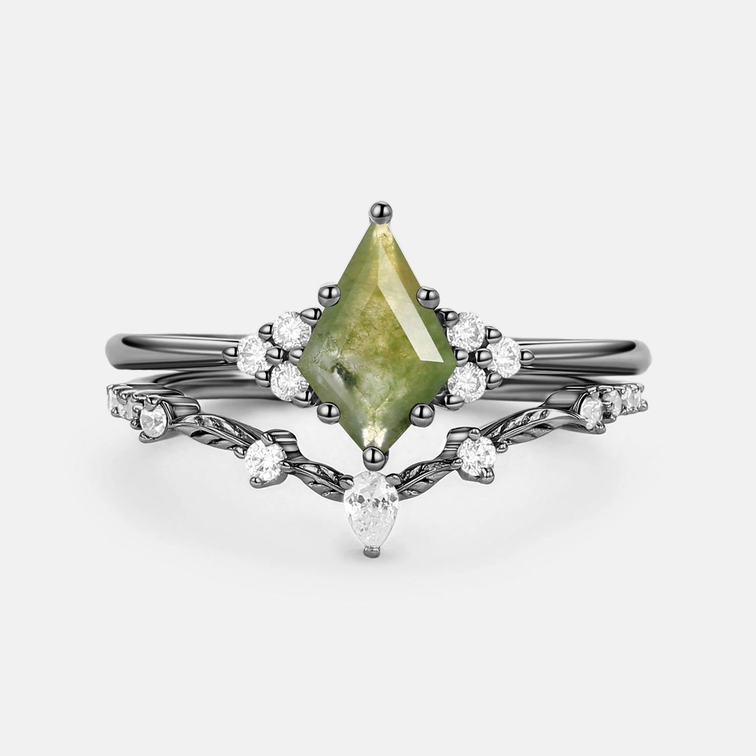 Luxe Design Kite Cut Moss Agate Leafy Engagement Ring Set 2pcs - Ava