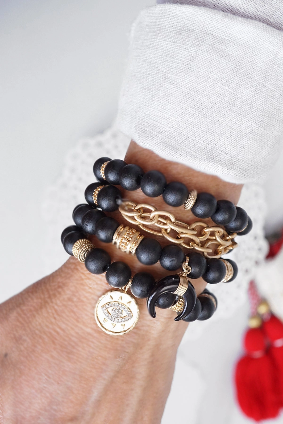 Exceptional Value Beaded Boho Bracelets set of 4 with Gold Coin Black wooden Beads and Metal chain