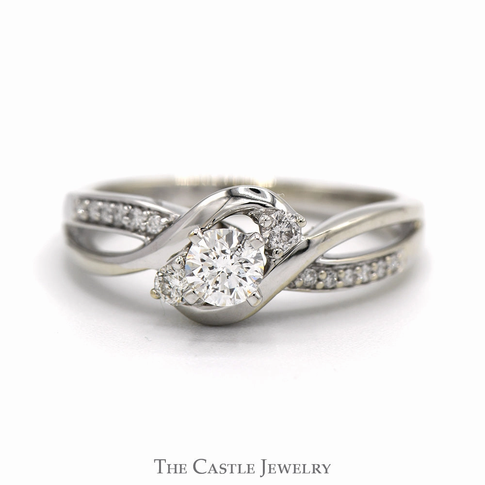 1/2cttw Round Diamond Engagement Ring with Diamond Accented Open Bypass Sides in 14k White Gold Effortless Fit Delicate Art