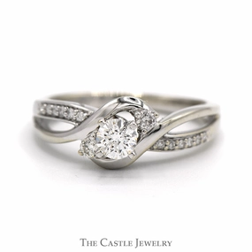 1/2cttw Round Diamond Engagement Ring with Diamond Accented Open Bypass Sides in 14k White Gold Effortless Fit Delicate Art