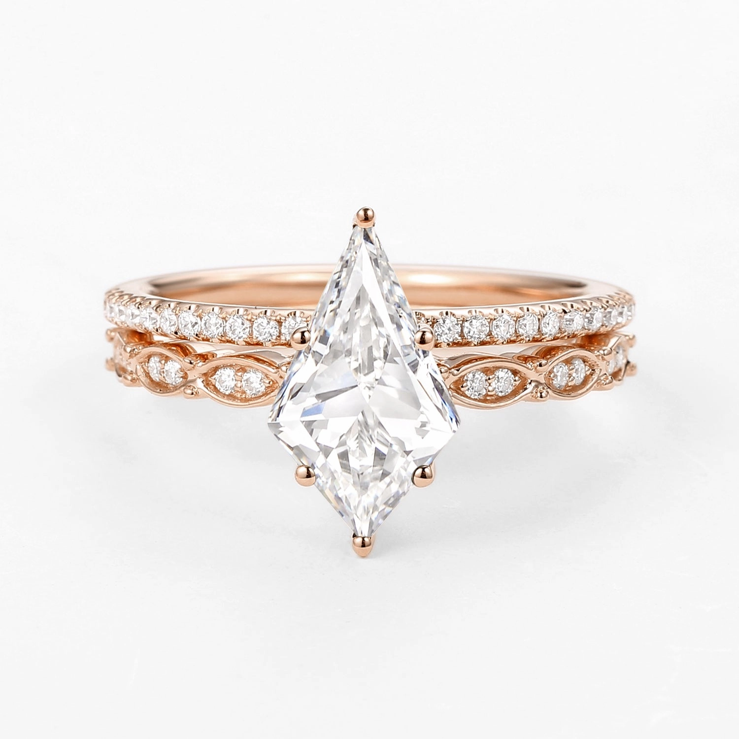 Timeless Pieces Silky Finish Kite Cut Lab Grown Diamond Engagement Ring with Straight Band Set 2pcs