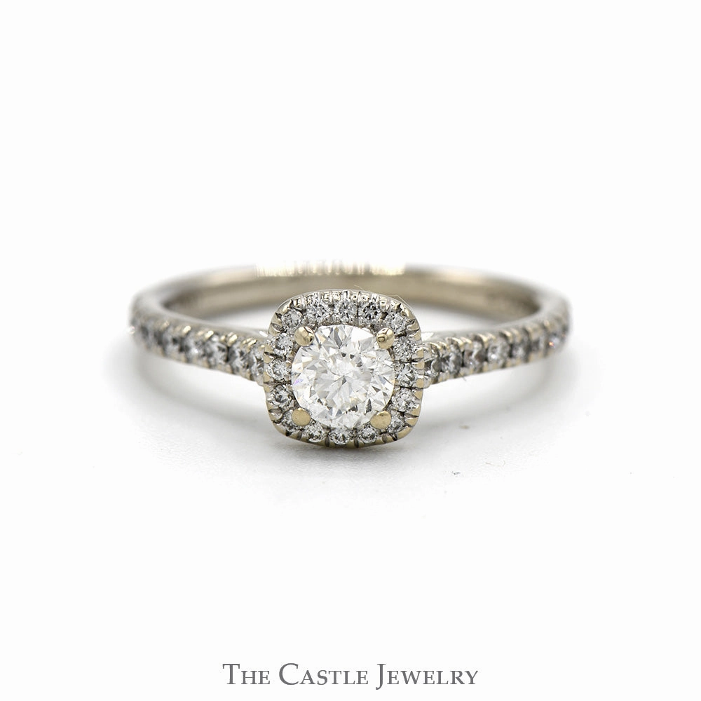 Wonderful Expression Round Diamond Engagement Ring with Diamond Halo and Diamond Accented Sides in 14k White Gold