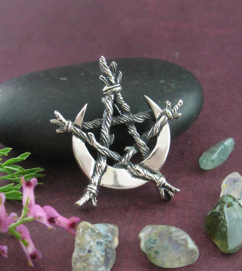 Crescent Moon Bound by Twigs Pentagram Pendant, Handmade Historical Jewelry