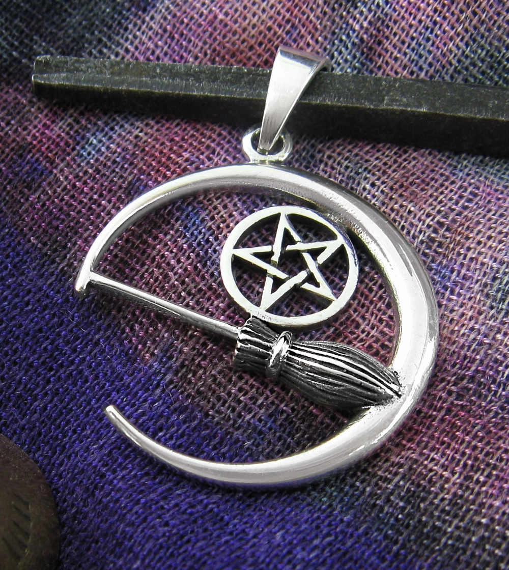 Wonderful Adornment Crescent Moon With Witch's Broom & Pentagram Pendant