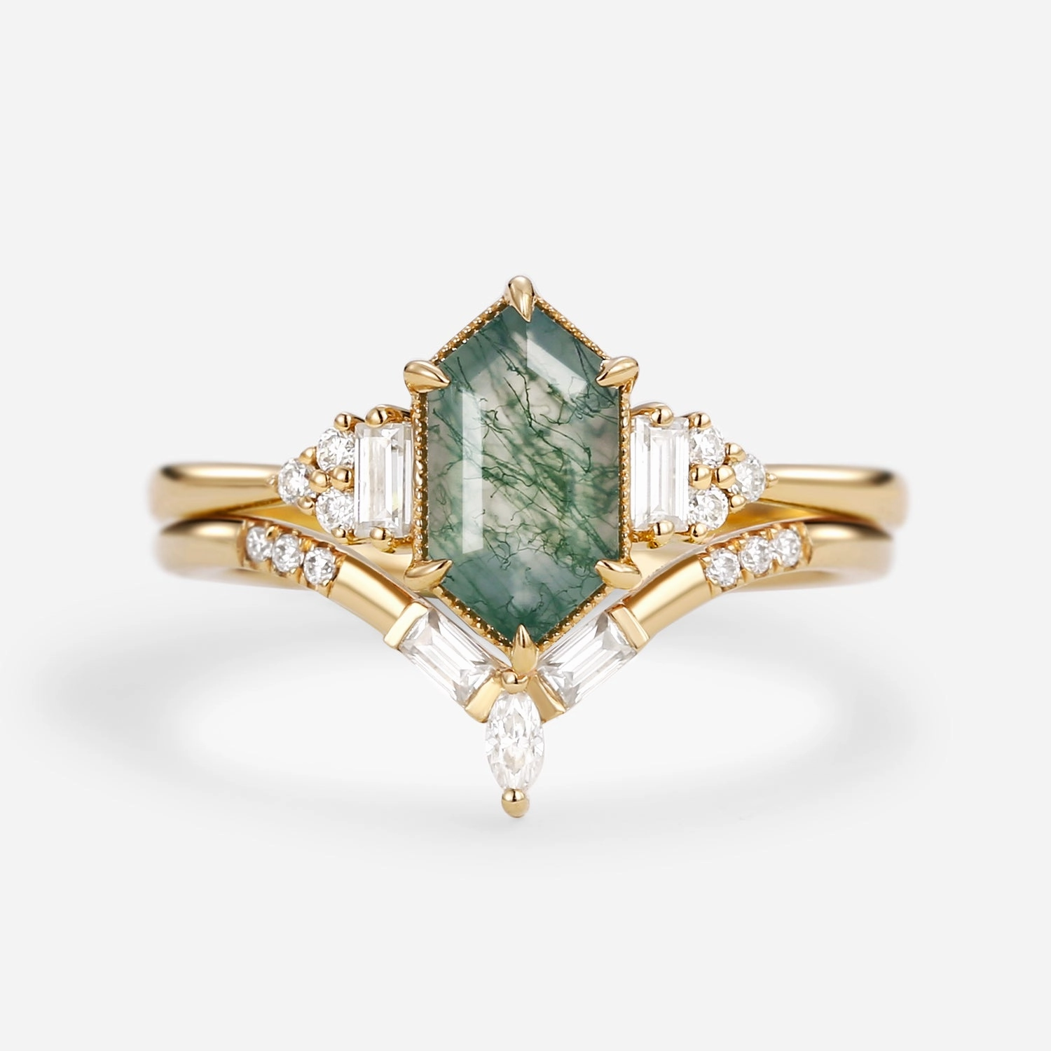 Luxe Lookbook Lustrous Glow Long Hexagon Moss Agate Baguette Engagement Ring Set 2pcs