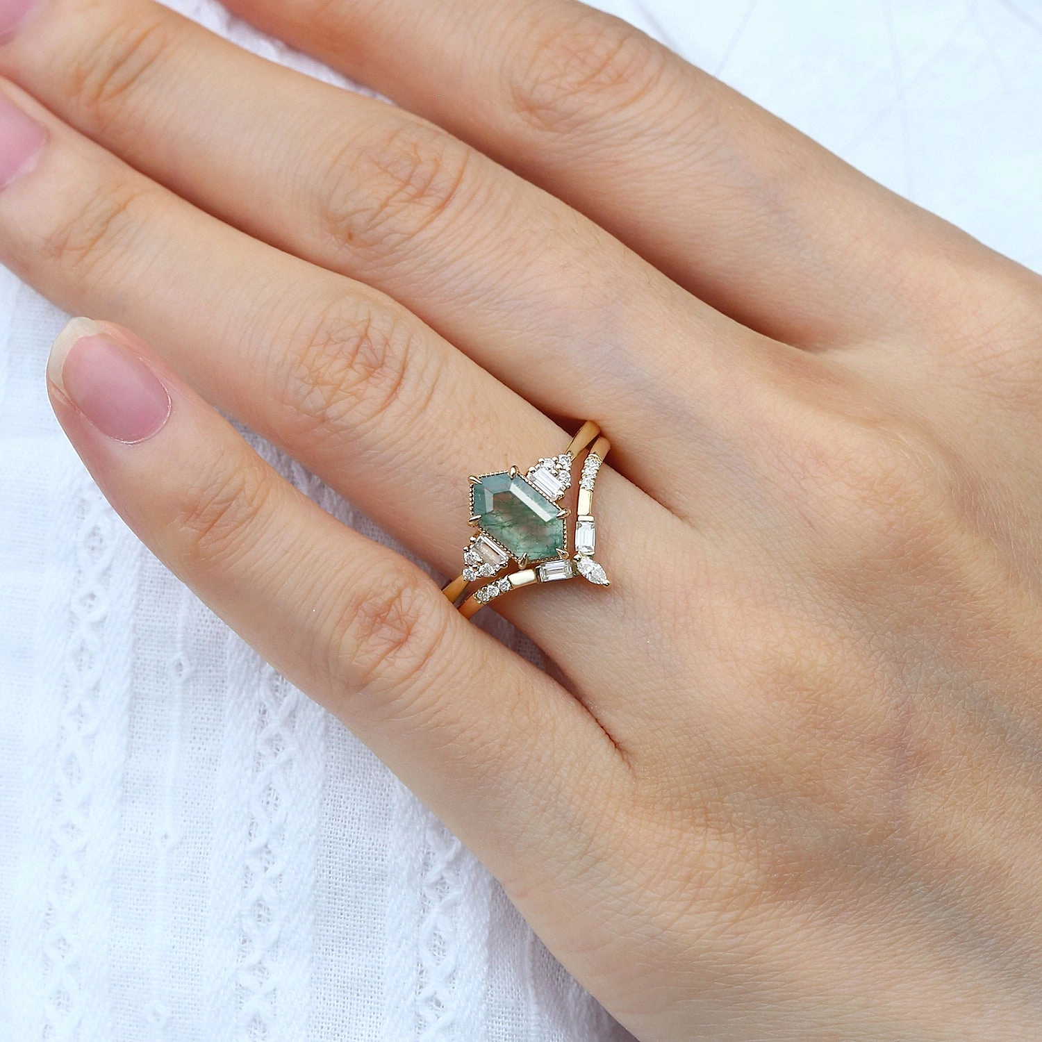 Elegant Snap Long Hexagon Moss Agate Baguette Engagement Ring Set 2pcs