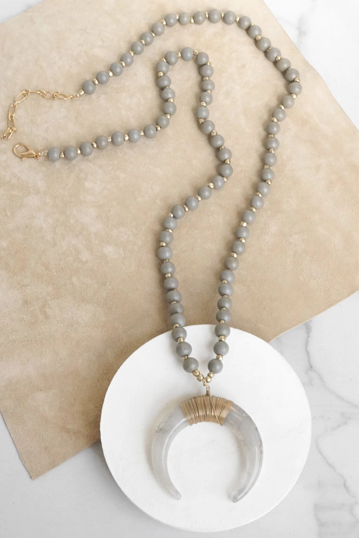 Long Wooden Bead Necklace with acrylic antler - gray Spring Piece Simple Ornament