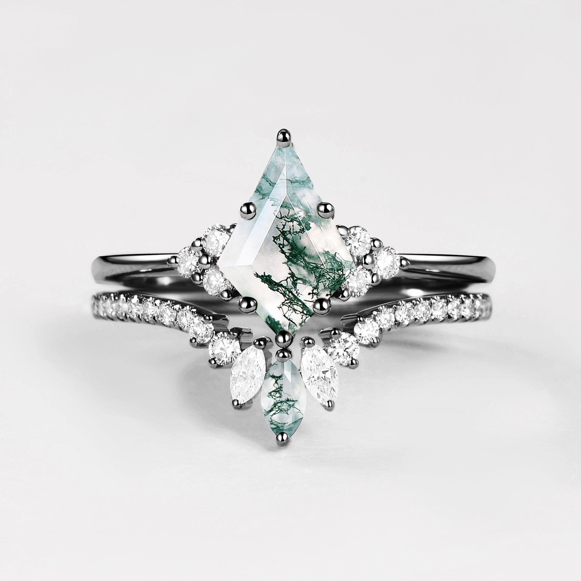 Black Gold Green Moss Agate Cluster Engagement Ring Set 2pcs Exclusive Edge Stylish Vibe