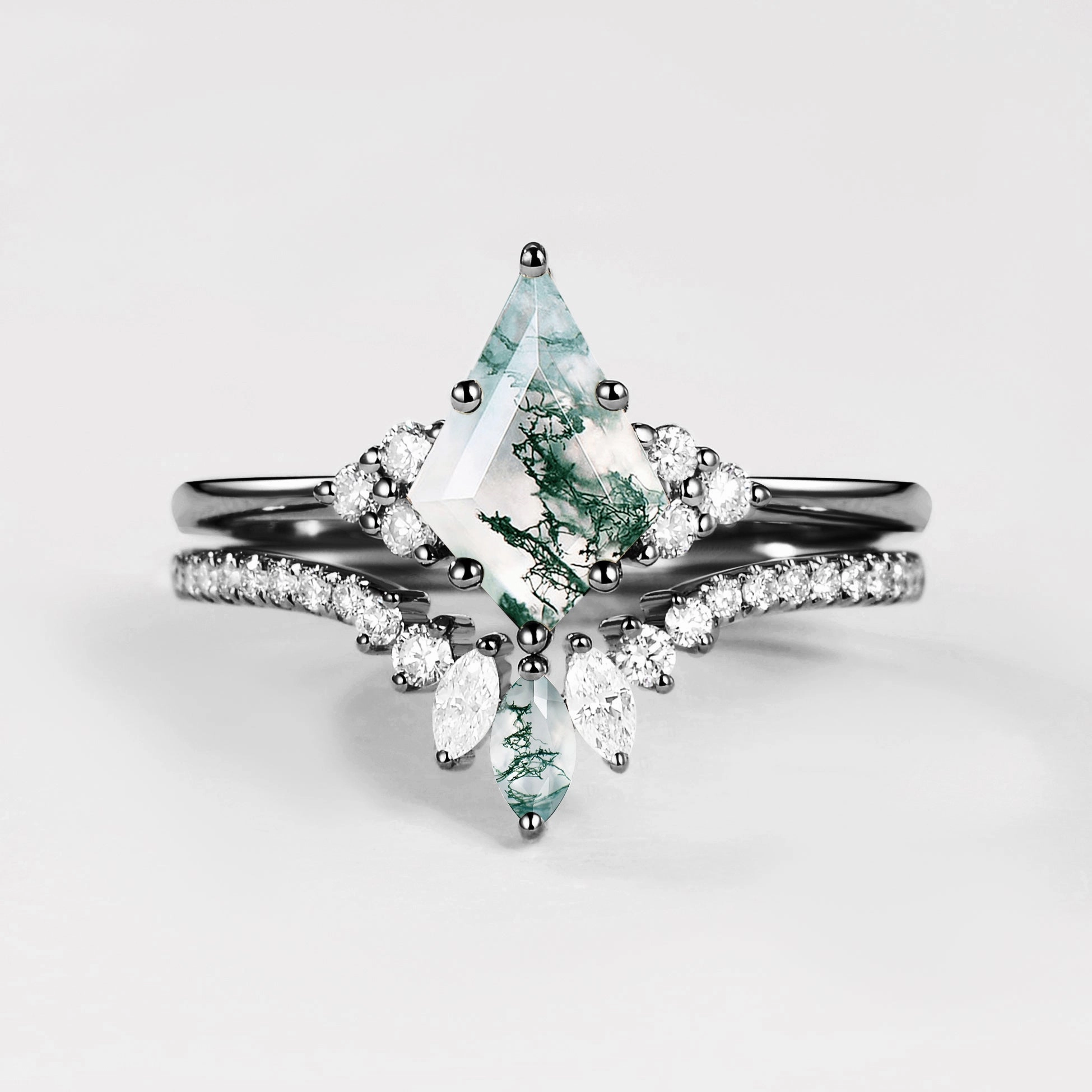 Black Gold Green Moss Agate Cluster Engagement Ring Set 2pcs Spark Moment