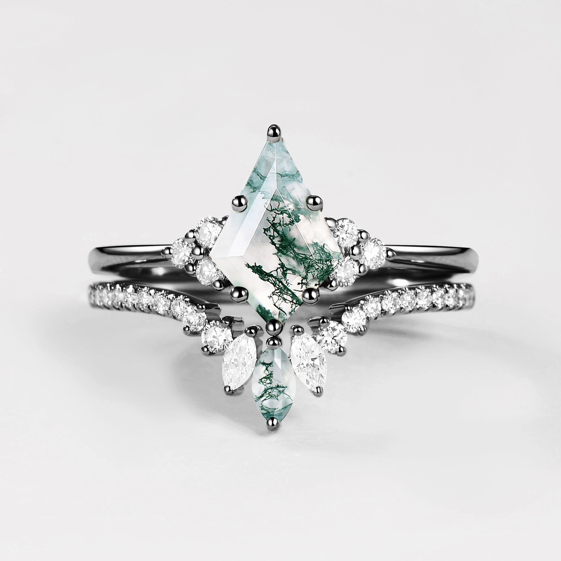 Black Gold Green Moss Agate Cluster Engagement Ring Set 2pcs Sun Kissed Handmade Statement