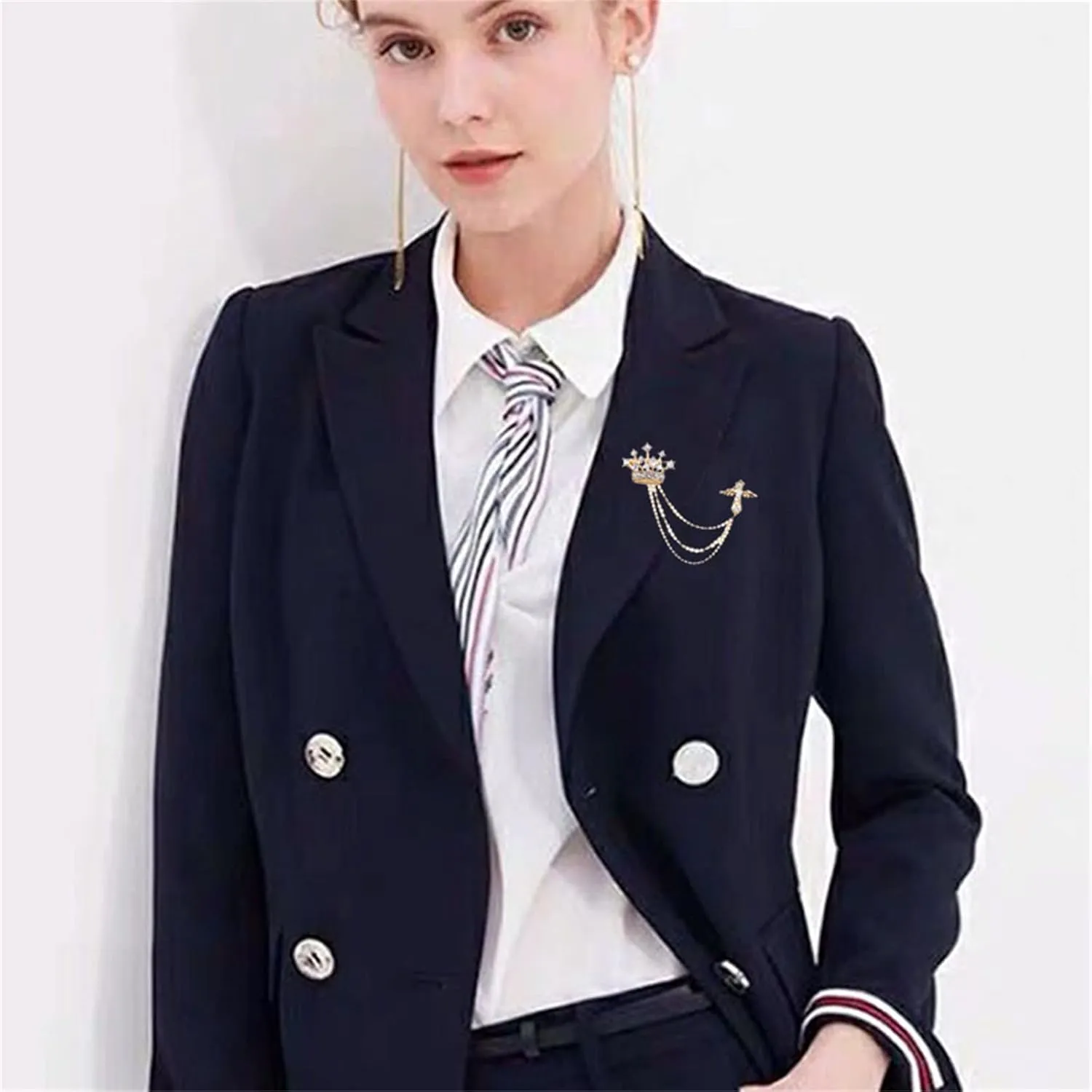 Cross Crown Long Chain Brooch for Men's Rhinestone Tassel Brooch Pin Coat Tassel Chain Lapel Pins Suit Accessories