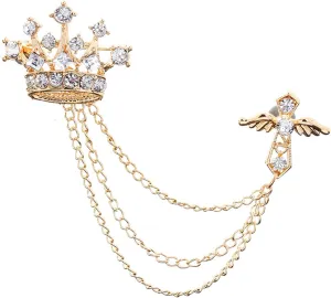 Cross Crown Long Chain Brooch for Men's Rhinestone Tassel Brooch Pin Coat Tassel Chain Lapel Pins Suit Accessories