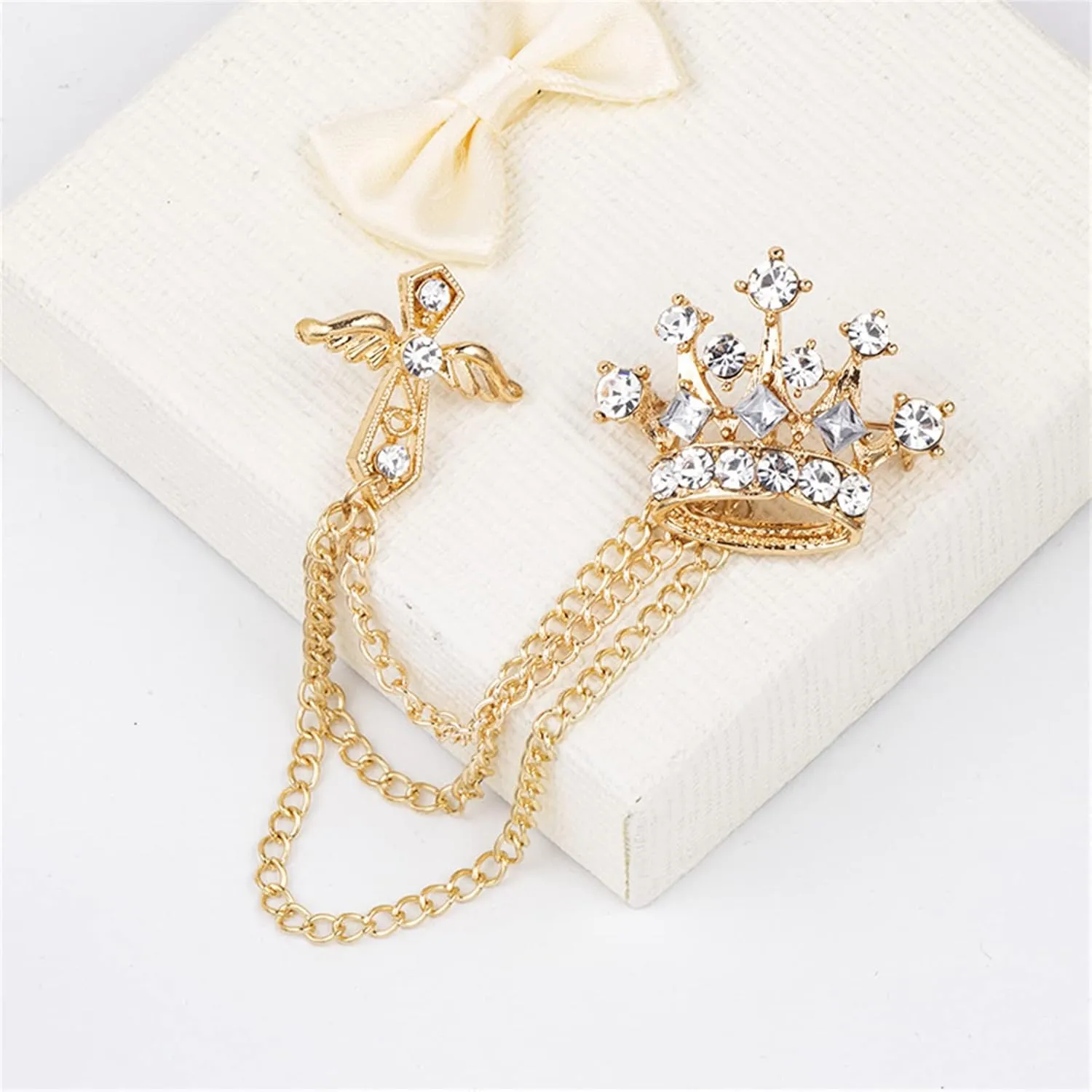 Cross Crown Long Chain Brooch for Men's Rhinestone Tassel Brooch Pin Coat Tassel Chain Lapel Pins Suit Accessories