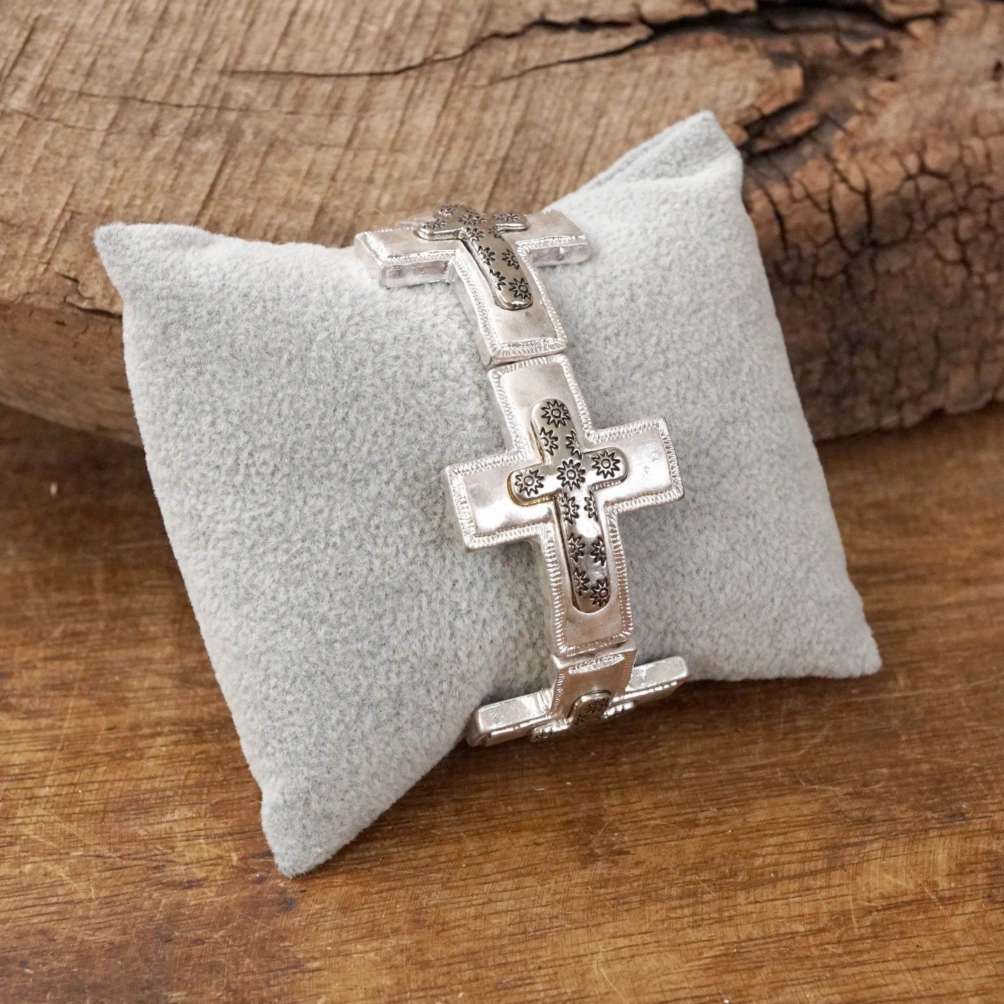 Cross bracelet in Worn Silver Gold tone boho style Lifelong Companion Creative Expression