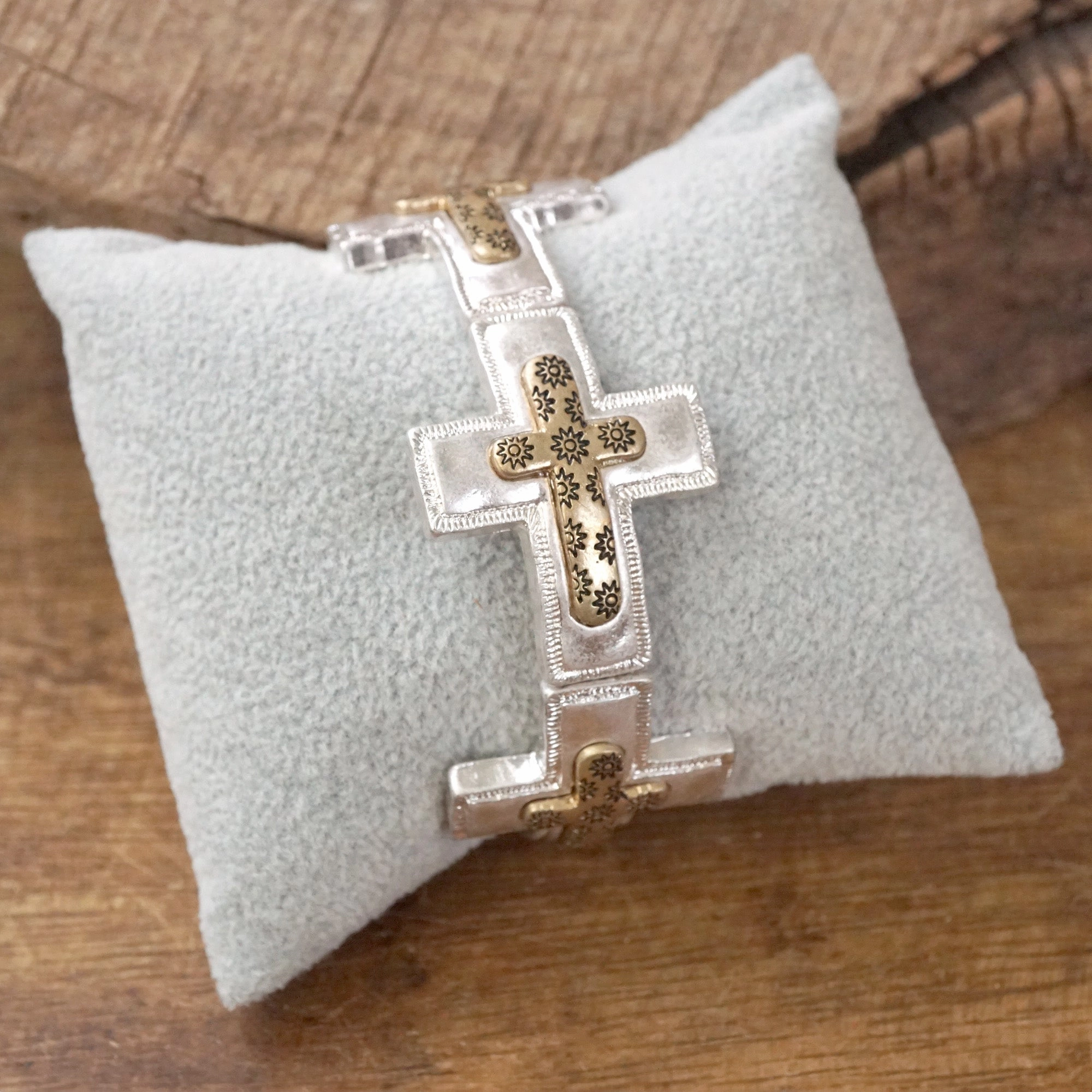 Sunny Forecast Cross bracelet in Worn Silver Gold tone boho style