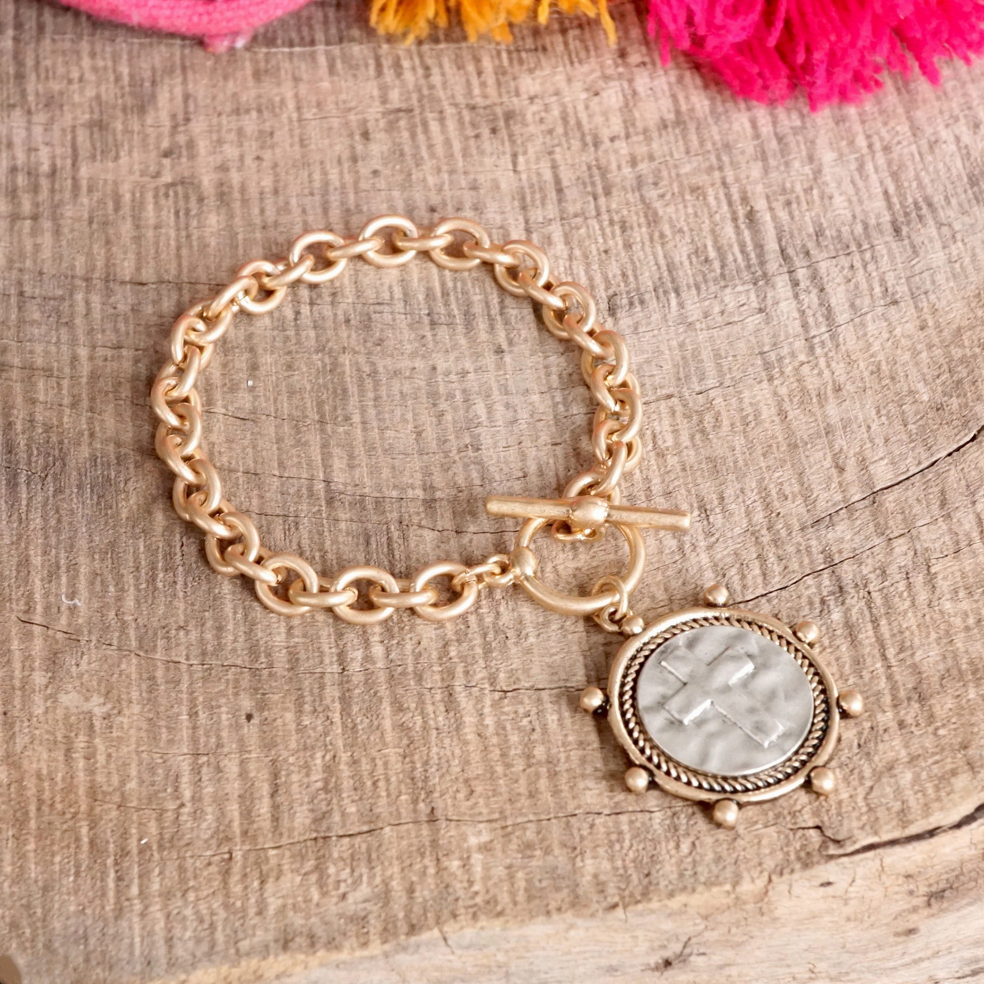 Selling Fast Permanent Impact Cross Coin Chain Bracelet Toggle Closure Silver or Gold Tone