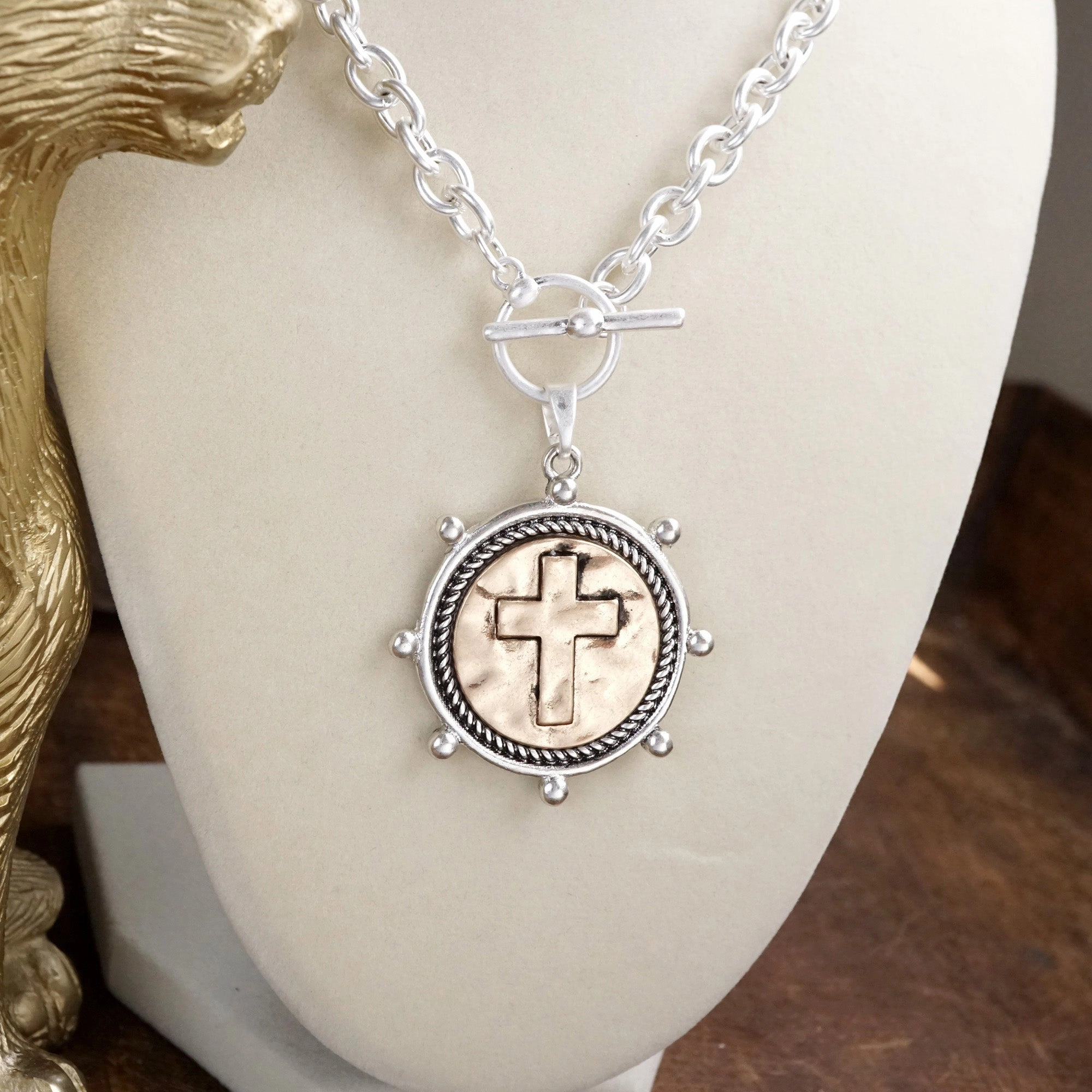 Cultural Accent Self Esteem Piece Cross Coin Chain Necklace with Front Toggle Closure ?C Silver or Gold Tone