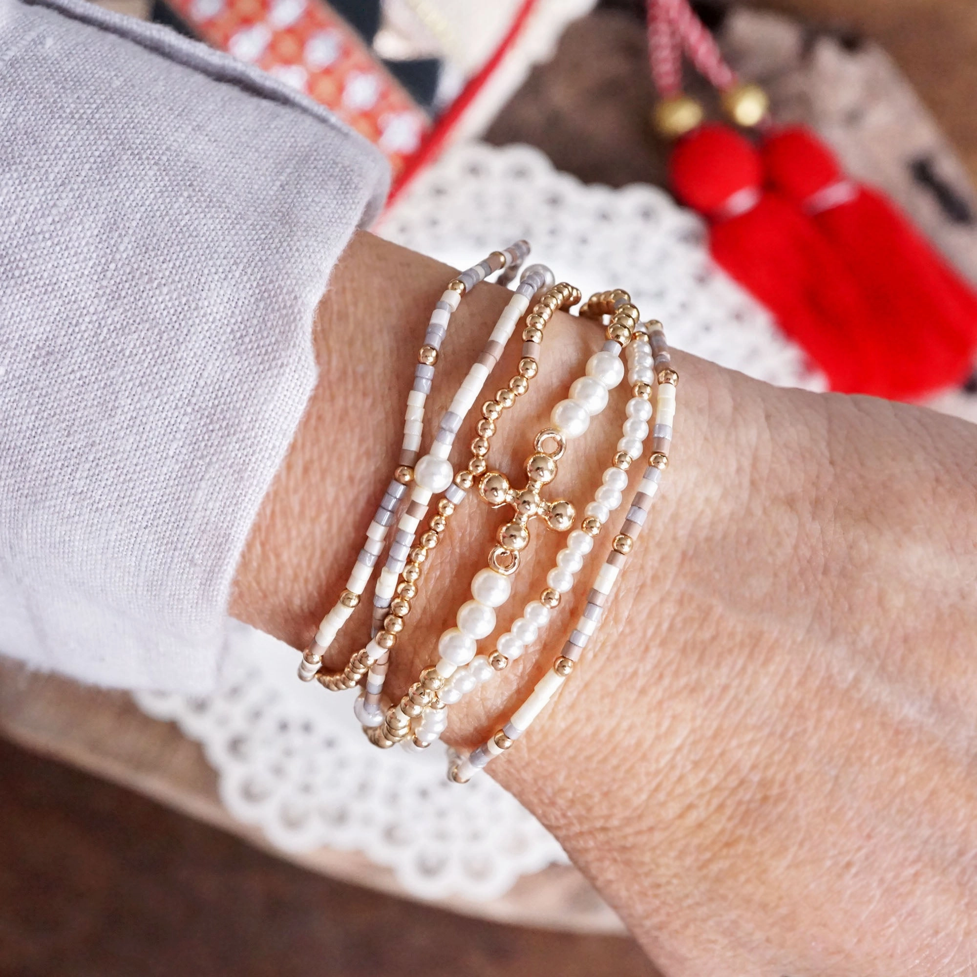 Cross, Pearls & Miyuki Beaded Bracelet Set ?C Effortlessly Elegant Perfect Fusions