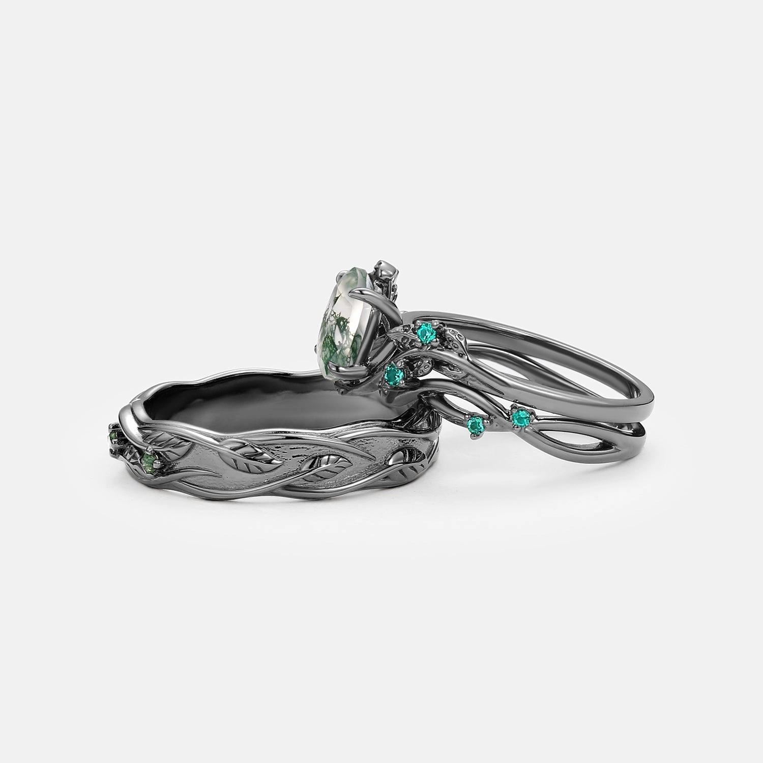 Gift Ready Nature Inspired - Black Gold Moss Agate Couple Ring Set 3pcs - Mossy