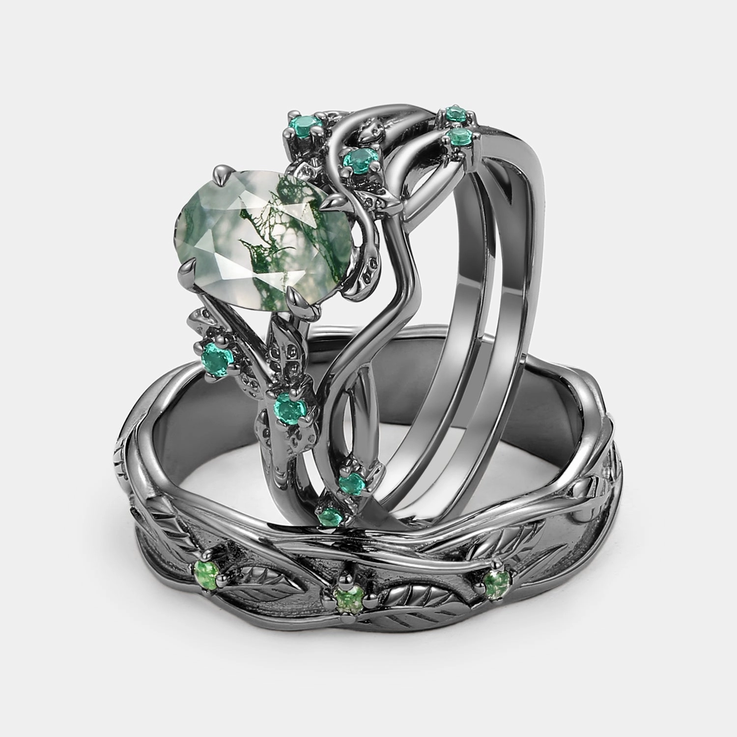 Modern Craft Nature Inspired - Black Gold Moss Agate Couple Ring Set 3pcs - Mossy