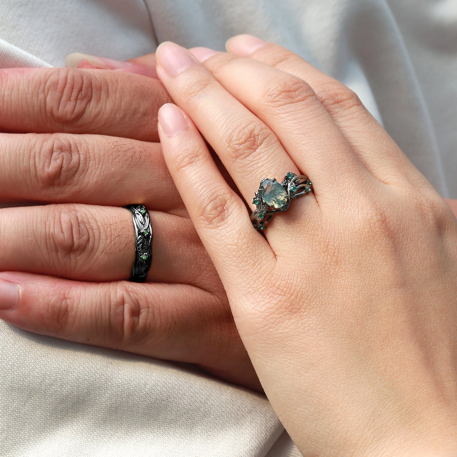 Nature Inspired - Black Gold Moss Agate Couple Ring Set 3pcs - Mossy Dynamic Shape Shining Piece
