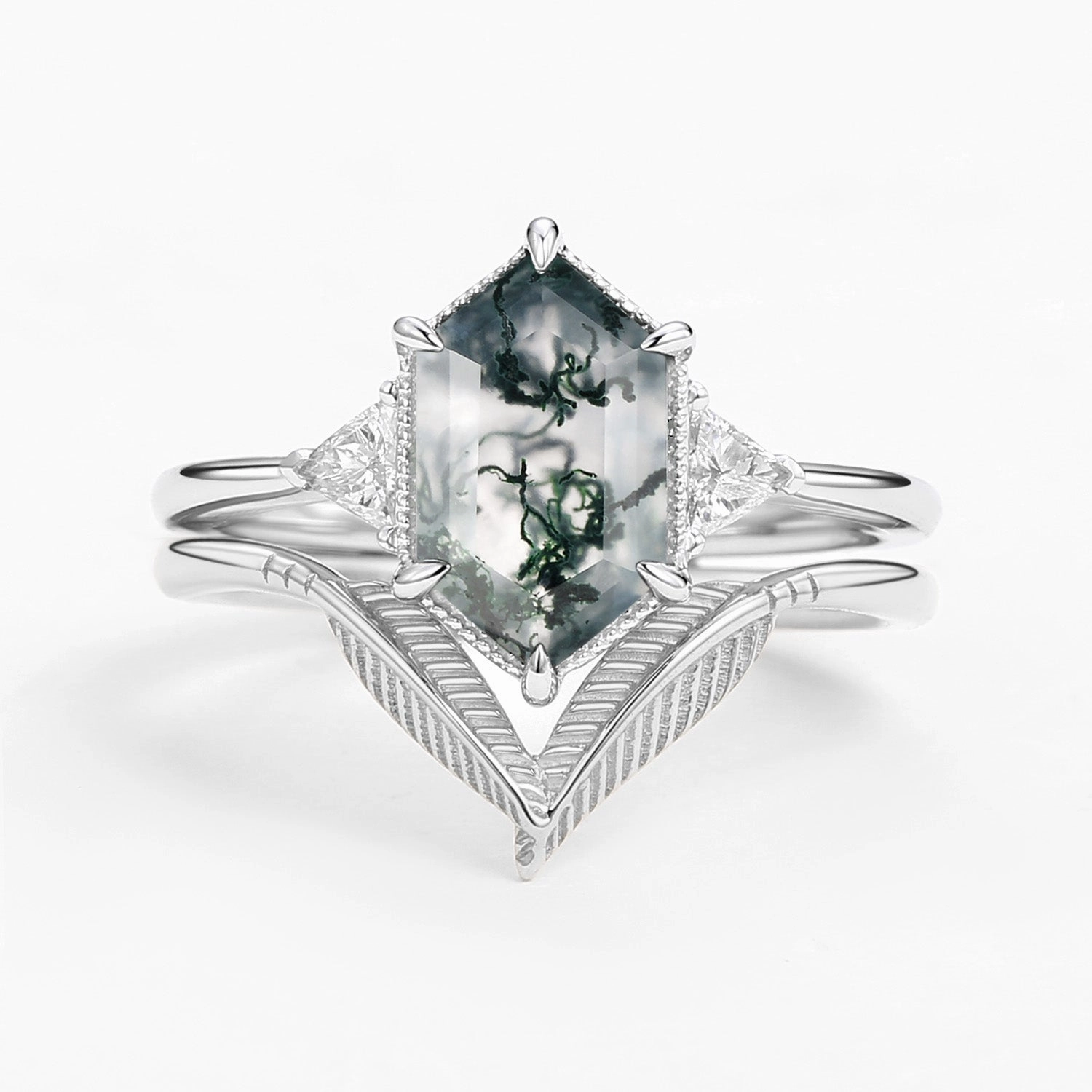 Chic Update Luxe Pick Long Hexagon Big Moss Agate Coconut Tree Leafy Ring Set 2pcs - Ariel