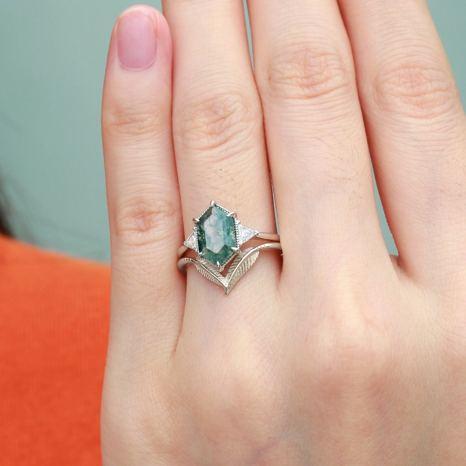 Exclusive Look Breezy Style Long Hexagon Big Moss Agate Coconut Tree Leafy Ring Set 2pcs - Ariel