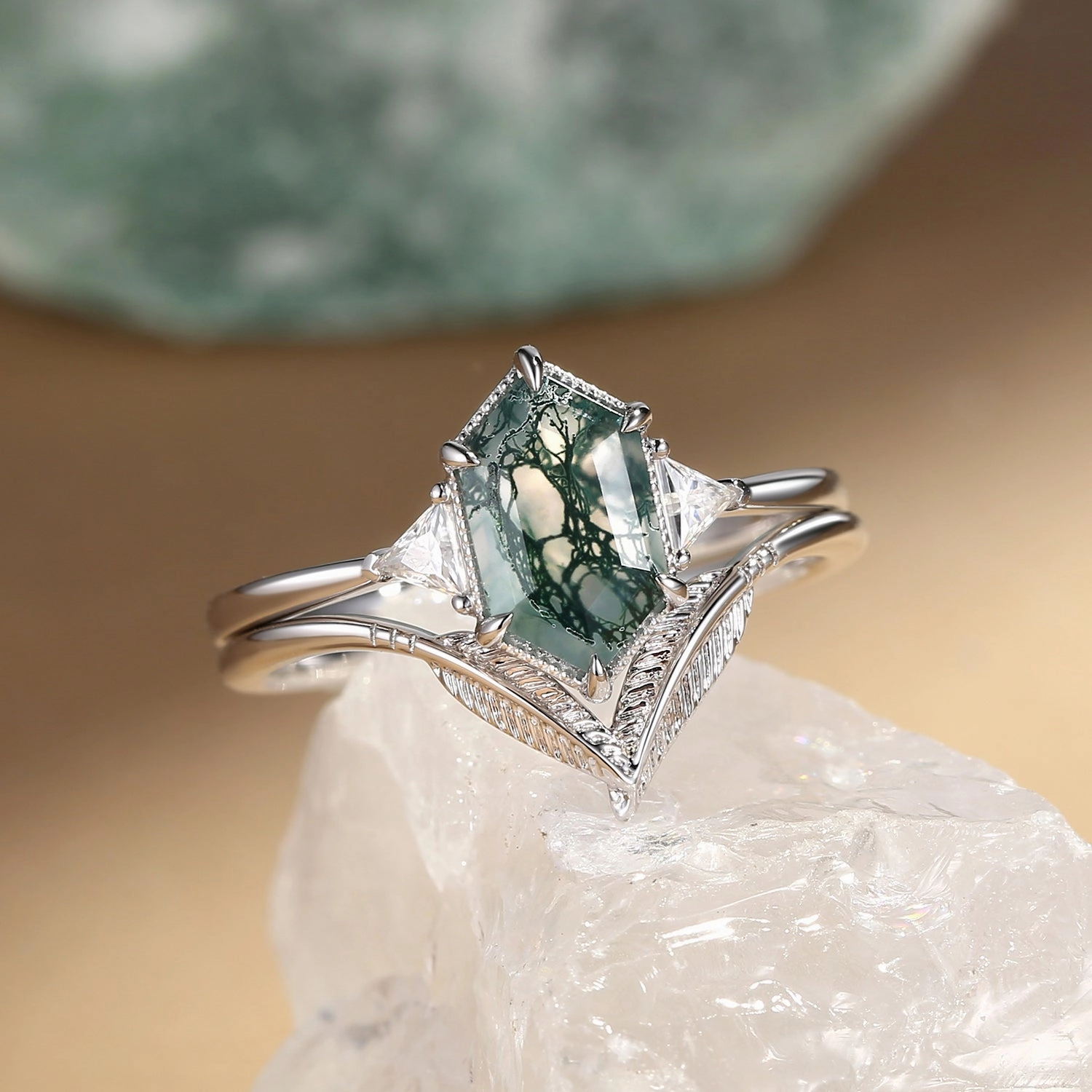 Muted Finish Long Hexagon Big Moss Agate Coconut Tree Leafy Ring Set 2pcs - Ariel