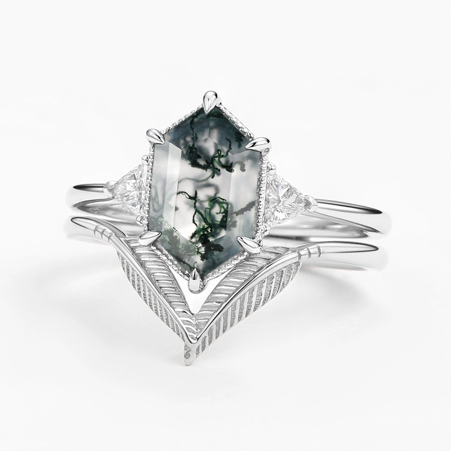 Luxury Collection Unique Vibe Long Hexagon Big Moss Agate Coconut Tree Leafy Ring Set 2pcs - Ariel