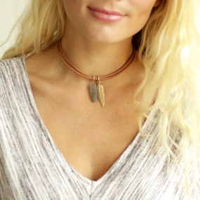 Crystal Leather Choker with Gold Feather Brown Fresh Vibe Fashionable Style