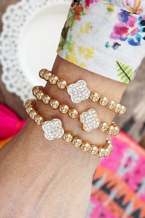 Lasting Fusions Newly Designed Crystal Quatrefoil Gold tone ball beads bracelet stack of 3 bracelets