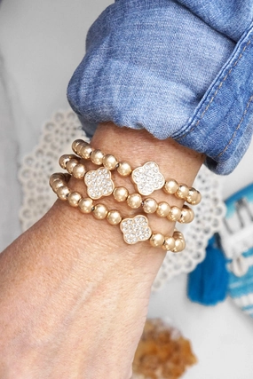 Crowd Pleaser Tomorrow??s Sight Crystal Quatrefoil Worn Gold tone ball beads bracelet stack of 3 bracelets